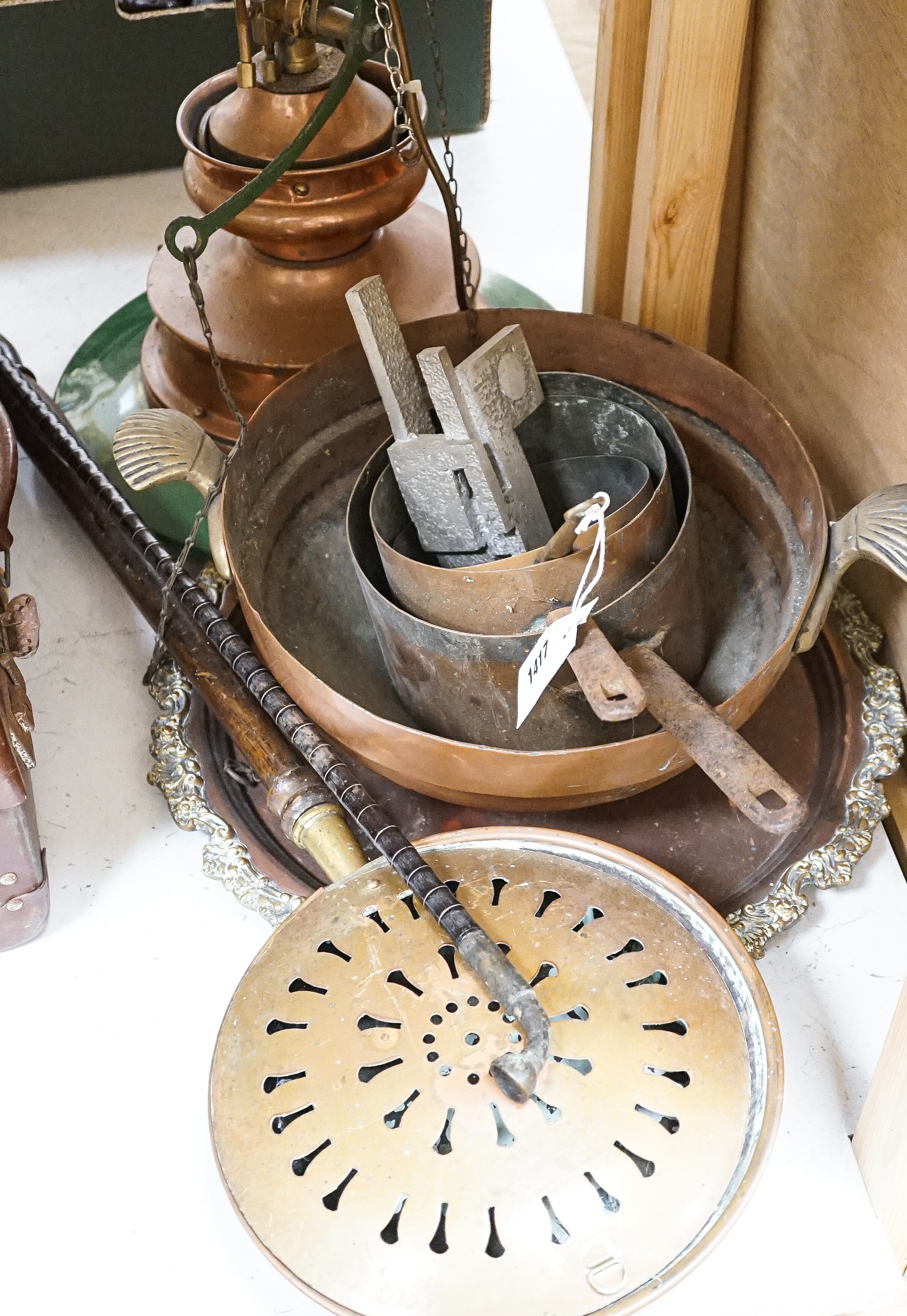 A quantity of copper wares, including a copper railway light.